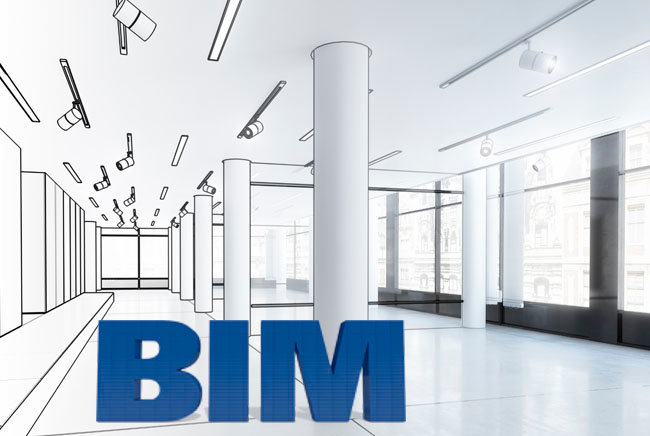 Napis Building Information Modeling, w skrócie BIM, na pustym korytarzu w połowie narysowany, w połowie prawdziwy, z kolumnami